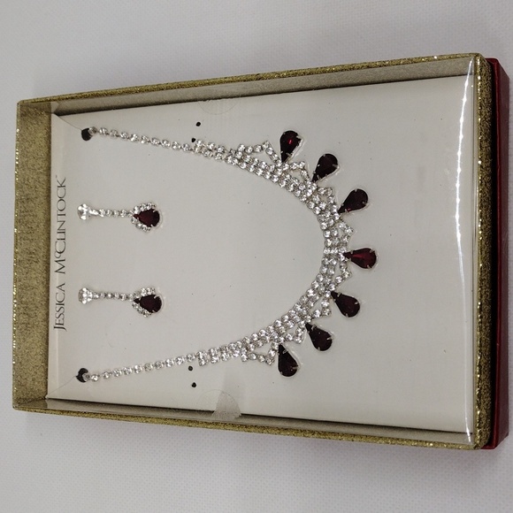 Jessica McClintock Ruby Red‎ and Clear Crystal Necklace & Earrings Set - Picture 3 of 7